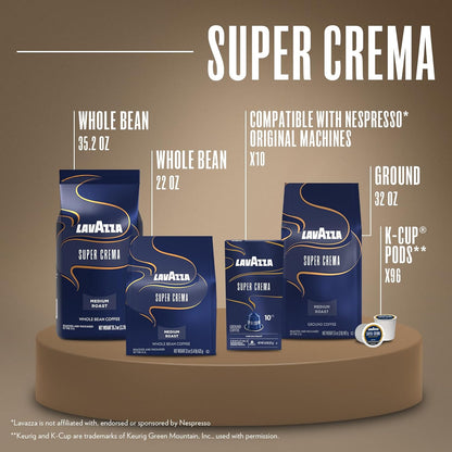 Lavazza Super Crema Whole Bean Coffee, Medium Espresso Roast, Arabica and Robusta Blend, 2.2 lb Bag, Package May Vary (Pack of 1)