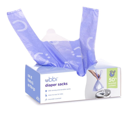 Ubbi Disposable Diaper Sacks, Lavender Scented, Easy-To-Tie Tabs, Diaper Disposal or Pet Waste Bags, 200 Count