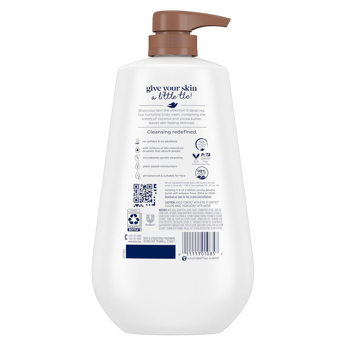 Dove Body Wash with Pump Restore Coconut & Cocoa Butter for 24hr Lotion-Soft Skin Moisturizing Skin Cleanser with No Sulfates No Parabens 30.6 Oz
