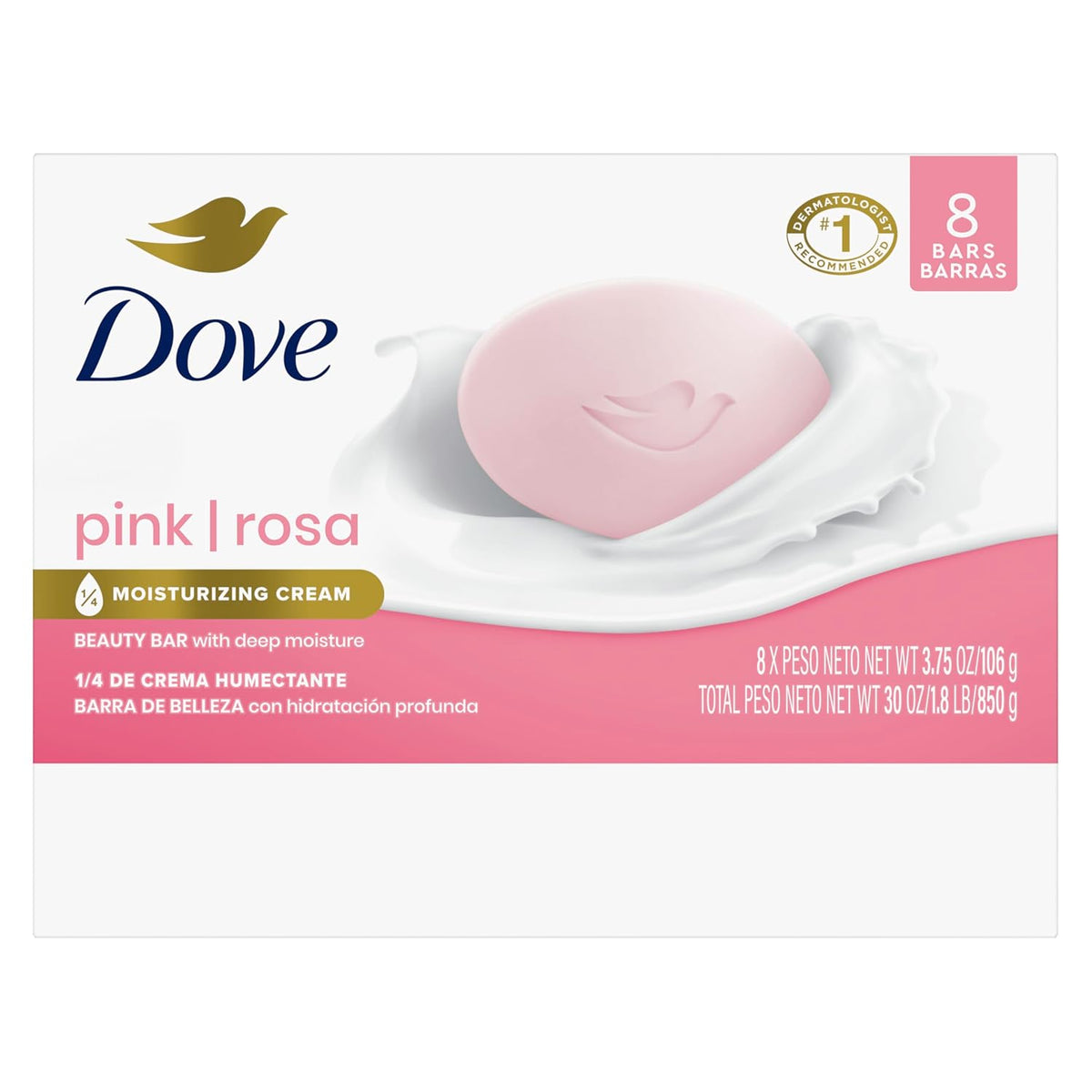 Dove Beauty Bar Soap Pink Rosa, 8 Bars for Soft, Smooth Skin, Cleans & Moisturizes 3.75 oz