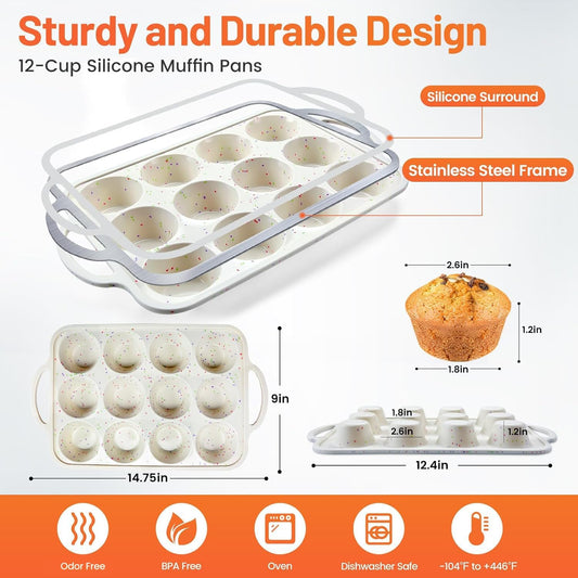 Vinino 2Pack Silicone Muffin Pan for Baking with Metal Reinforced Frame, 12 Cup Regular Size Cupcake Pan, BPA Free Silicone Muffin Tray, Cupcake Baking Pan Bite Molds for Oven Dishwasher Safe