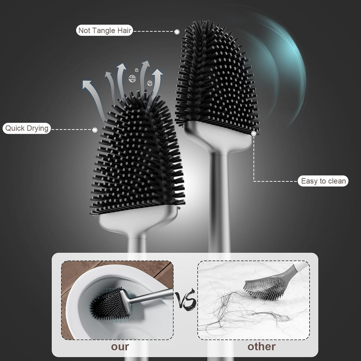 Sellemer Toilet Brush and Holder Set - Flexible Toilet Bowl Brush Head with Silicone Bristles, Compact Size for Storage and Organization, Ventilation Slots Base (1 Pack, Silver)