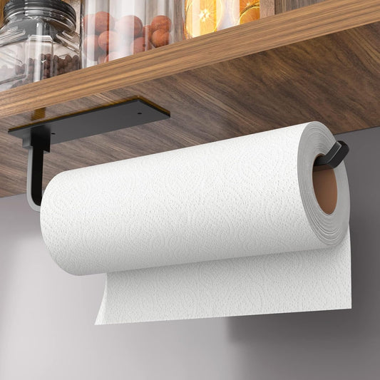 Paper Towel Holder - Self-Adhesive or Drilling, Matte Black, Upgraded Aluminum Kitchen Roll Dispenser Under Cabinet, Lighter but Stronger Than Stainless Steel!