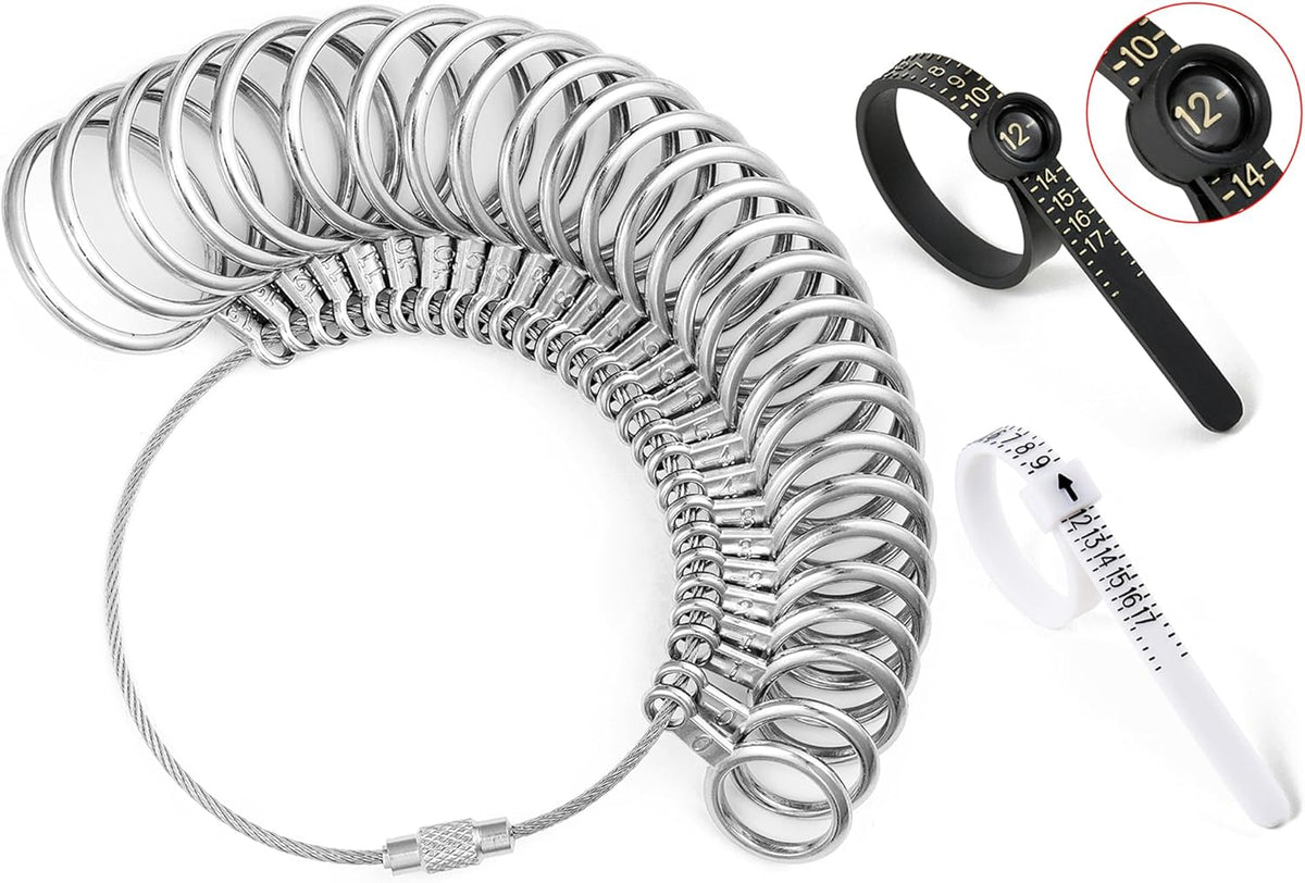 Bflaae Ring Sizer Measuring Tool Kit, 27 PCS Stainless Steel Measuring Ring Tool, US Ring Size 0-13 with Half Size, 2 PCS Reusable Finger Size Tape with Magnified Glass 1-17 USA Rings Size