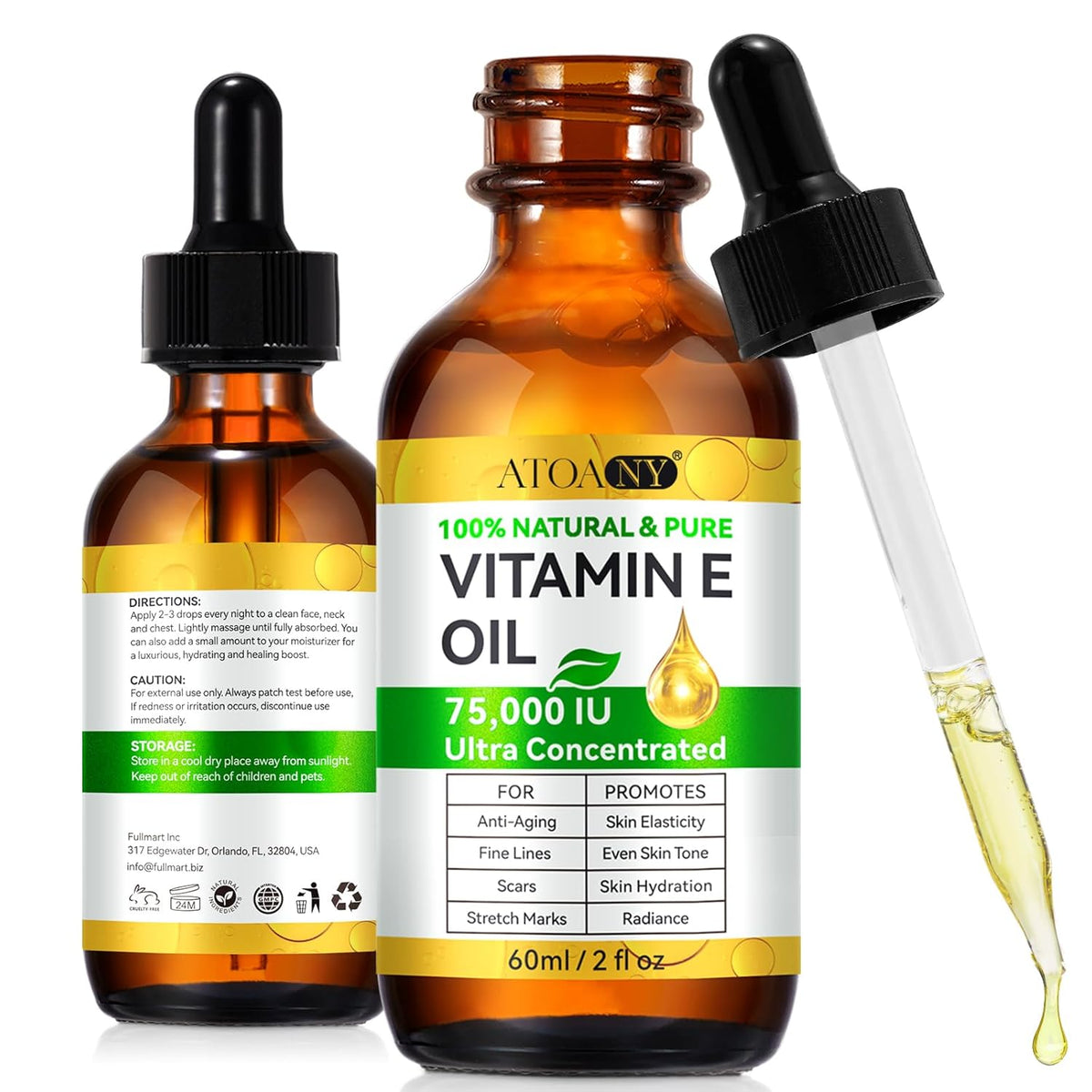 flasture Vitamin E Oil 75,000 IU – 100% Pure Natural Vitamin E for Skin, Face, Hair, Scars – Deep Moisturizing Body Oil for Dry Skin, Wrinkles – Cold-Pressed, Non-GMO,Skincare – 2 Fl Oz
