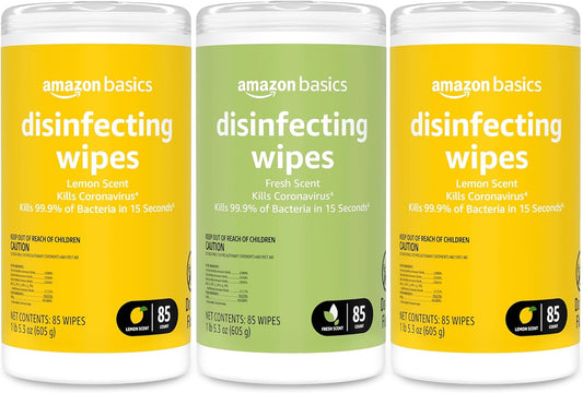 Amazon Basics Disinfecting Wipes, Lemon & Fresh Scent, Sanitizes/Cleans/Disinfects/Deodorizes, 255 Count (2 Packs Lemon, 1 Pack Fresh Scent)