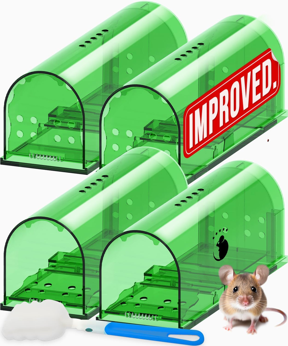 Motel Mouse Humane Mouse Traps No Kill Live Catch and Release 4 Pack - Reusable, Easy to Use & Clean, No Touch Release, Sensitive Includes Cleaning Brush, Instruction Manual & Video - Mousetrap Indoor