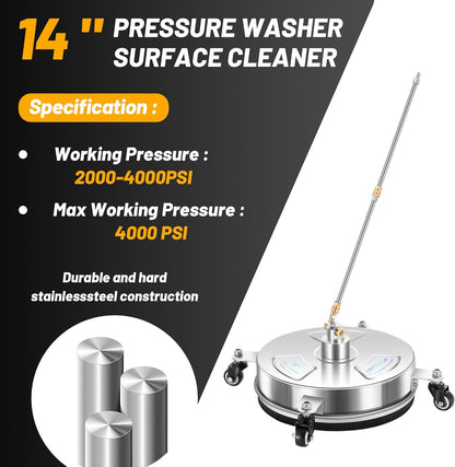 14" Pressure Washer Surface Cleaner with 4 Wheels - Stainless Steel Surface Cleaner for Pressure Washer Attachment for Concrete, Patio, Sidewalk, Deck and Driveways - PWS14