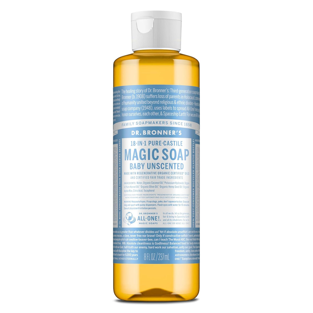 Dr. Bronner's Pure-Castile Magic Liquid Soap (Baby Unscented, 8 Ounce)- Made with Regenerative Organic Certified Oils, For Face, Body Wash, Baby Soap, Sensitive Skin, No Added Fragrance, Vegan