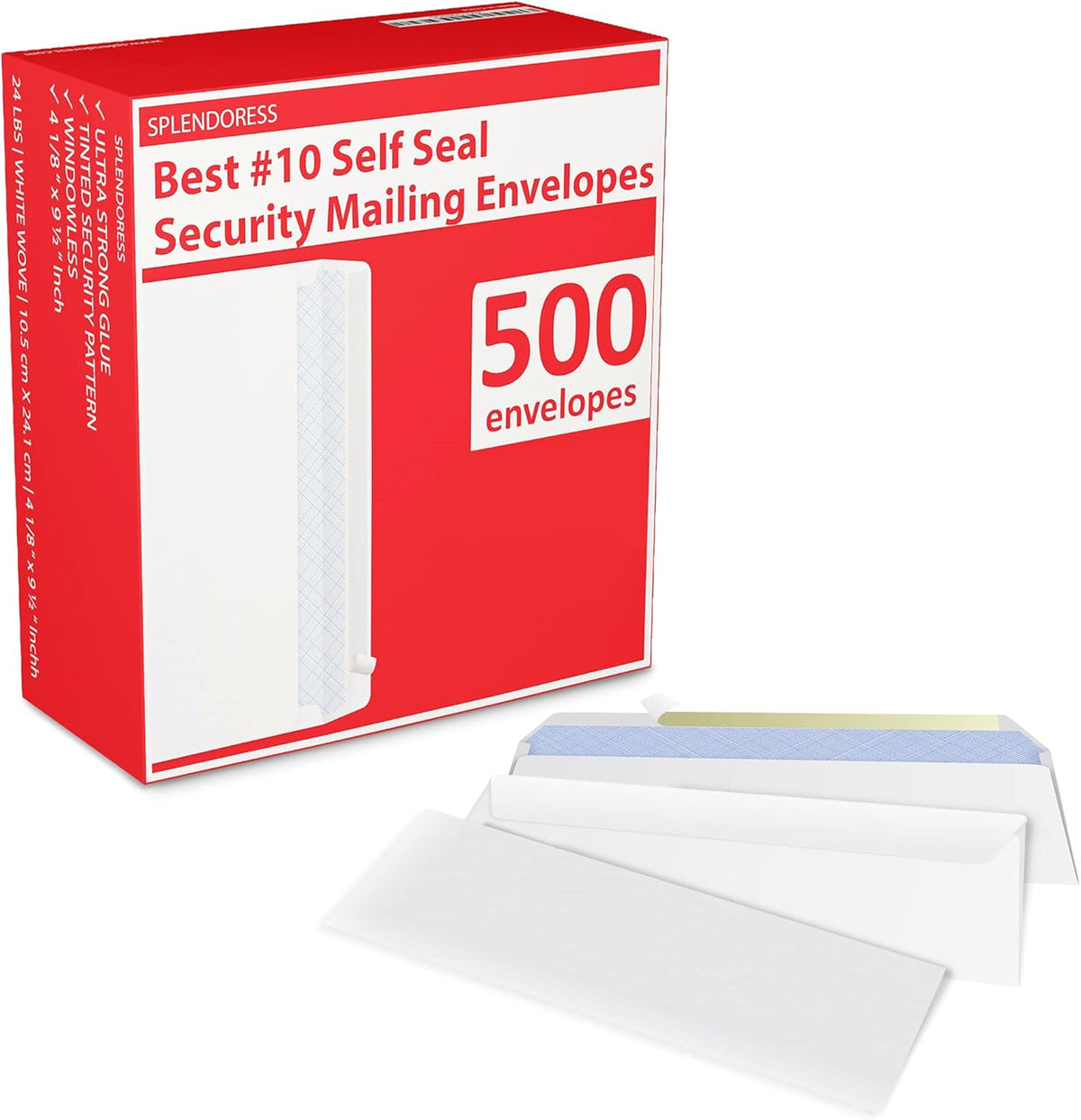 #10 Envelopes Letter Size Self Seal | 500 Business Mailing Security Peel and Sealing Envelope | 100% Tinted | no 10 White Windowless Legal Regular Plain Envelops Pack | 4-1/8 x 9-1/2 Inches | 24 LB