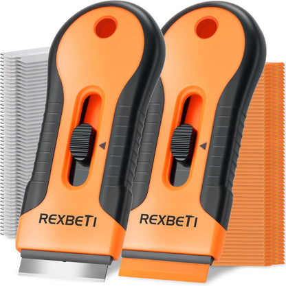 REXBETI Razor Blade Scraper Tool, 2 Pack Razor Scraper Set with Extra 80Pcs Razor Blades -30Pcs Metal and 50Pcs Plastic Blades, Cleaning Scraper Tool, Cooktop, Paint, Glass Scraper