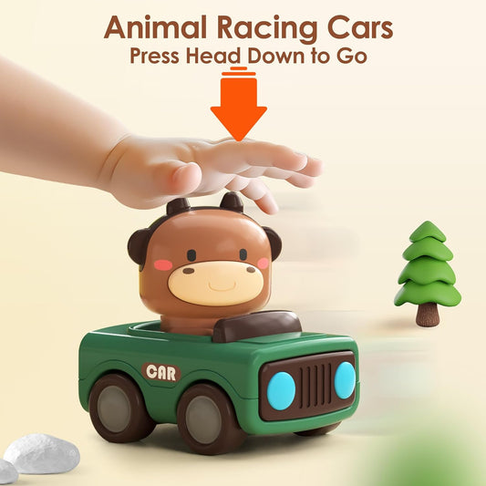 iPlay, iLearn Press to Go Car Toys for Toddlers 1-3, Baby Animal Racing Cars, Infant Play Vehicle Set, Baby Push Go Friction Car Toys for 6-9-12-18 Months, 1st Birthday Gifts for 1-2 Years Old Boys