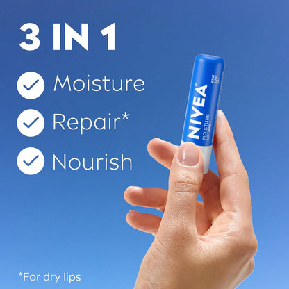 NIVEA Moisture Lip Care, Hydrating Lip Balm with Shea Butter, Nourishing Oils and Vitamin C & E, 3-in-1 Moisture, Repair and Nourish, 0.17 Oz Stick, Pack of 4