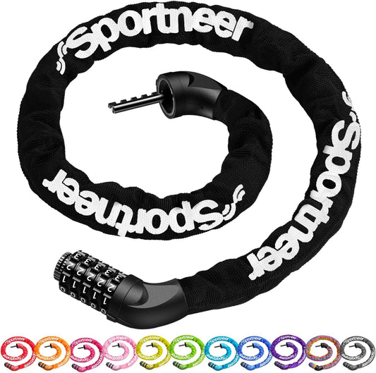Sportneer Bike Lock: 5 Digit Combination High Security Anti Theft Bike Chain Lock - 3.2/3.6/4ft Heavy Duty Keyless Bicycle Lock for Bike, Motorcycle, Scooter, Door & Gate - 4/6mm Thick, Easy to Use