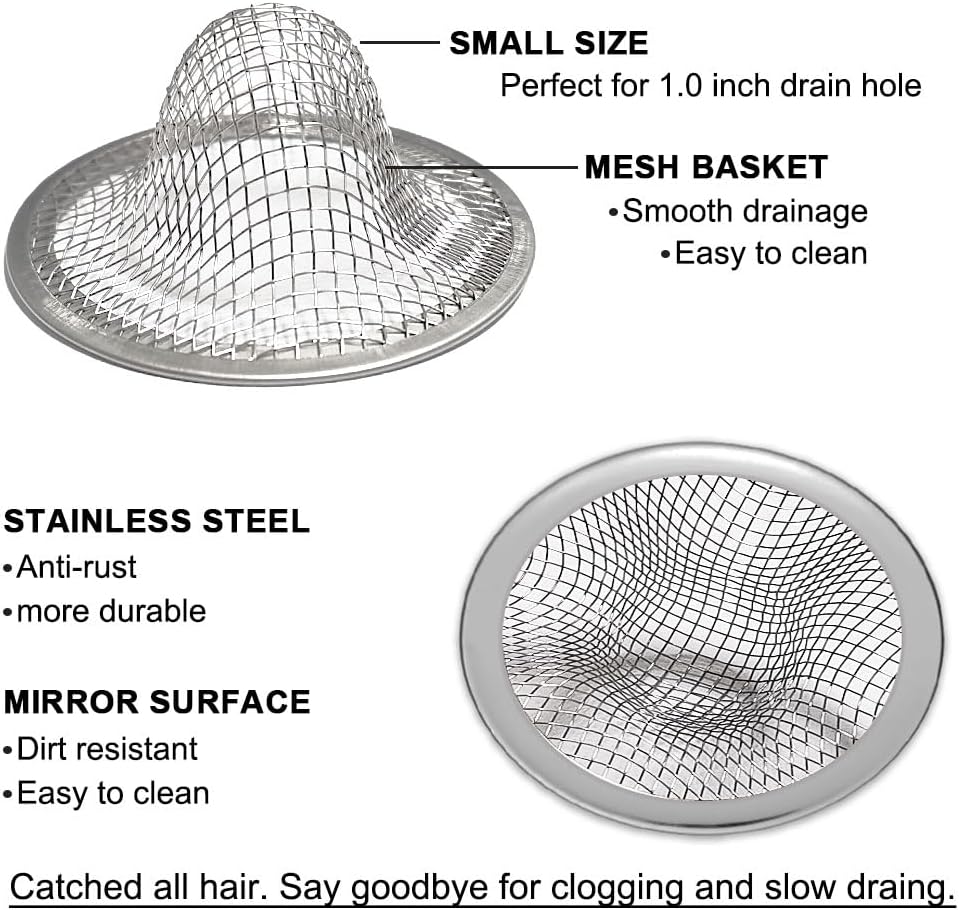 1.0" Small Drain Strainer, Sink Drain Hair Catcher, Bathroom Sink Drain Strainer, 2PCS Drain Mesh Baskets for Laundry, Mop Pool, Utility, Slop, RV Sink, Stainless Steel Drain Filter