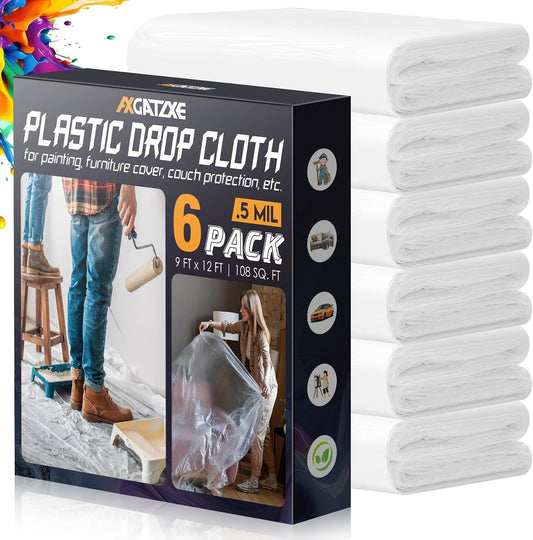 12 x 9 Ft Plastic Drop Cloths (6-Pack) - Disposable Painter's Sheeting & Tarps for Painting, Waterproof Furniture/Couch/Floor Protection