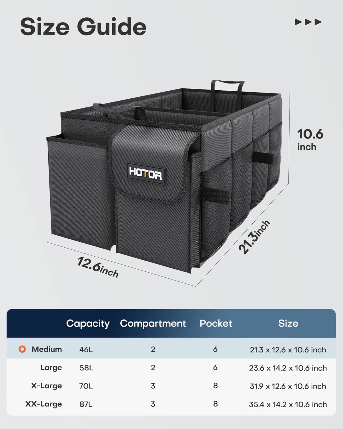 HOTOR Trunk Organizer - Car Organizer, Foldable Trunk organizer for SUVs & Sedans, Sturdy Car Organization for Car Accessories, Tools, Sundries, Black, 2 Compartments, 21.3"×12.6"×10.6"
