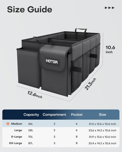 HOTOR Trunk Organizer - Car Organizer, Foldable Trunk organizer for SUVs & Sedans, Sturdy Car Organization for Car Accessories, Tools, Sundries, Black, 2 Compartments, 21.3"×12.6"×10.6"