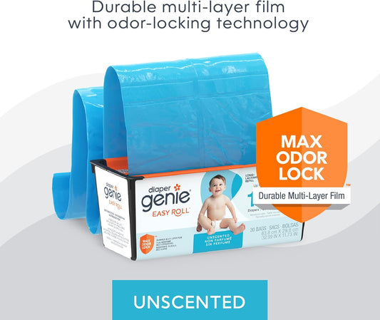 Diaper Genie Easy Roll Refill | 30 Bags Per Refill | Holds Up to 1410 Newborn Diapers | Odor Control | Diaper Pail Refill Bags | Fits Diaper Genie Signature & Platinum Pails