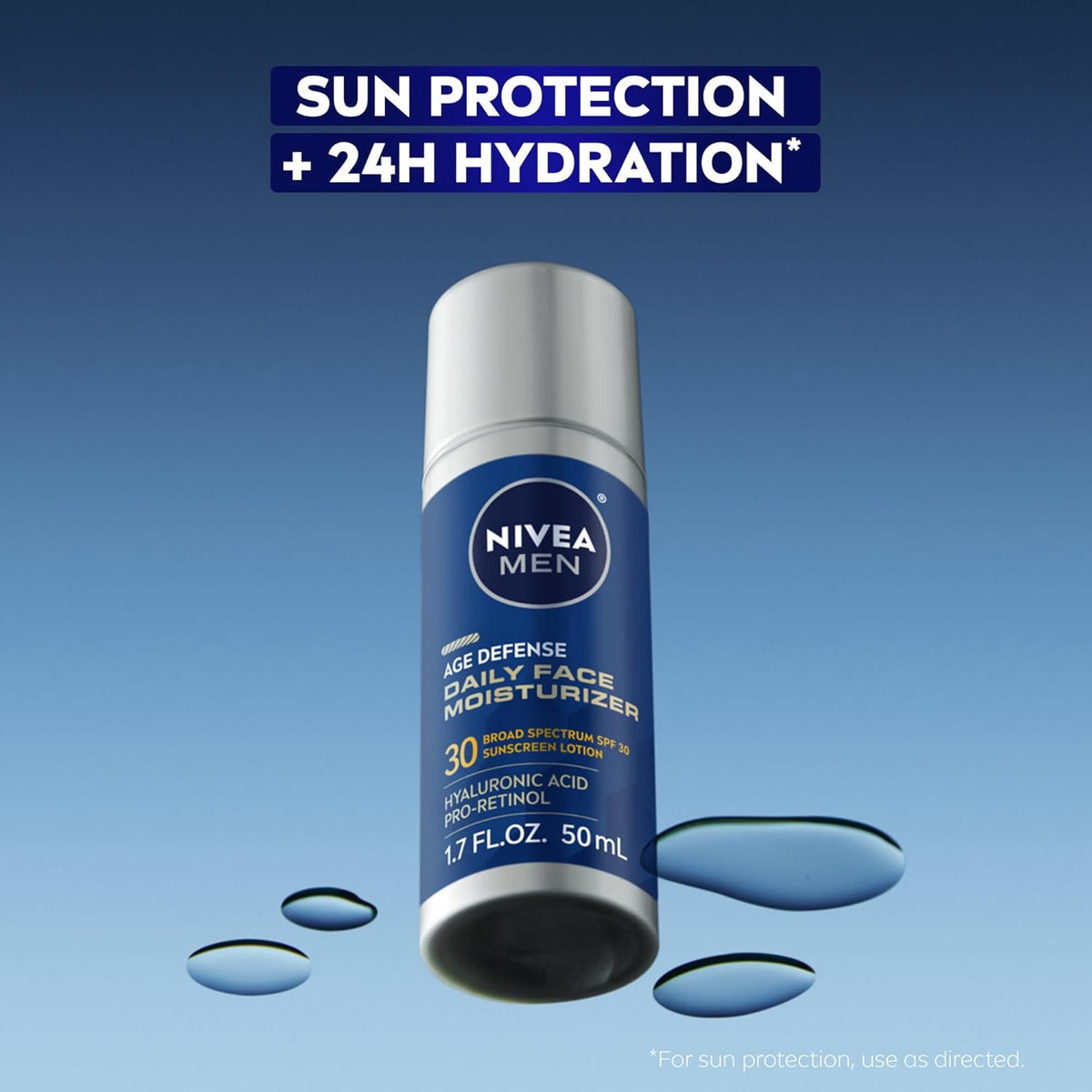 NIVEA MEN Age Defense Daily Face Moisturizer with Broad Spectrum SPF 30 Sunscreen, Pro-Retinol and Hyaluronic Acid, Beard-Friendly Face Lotion Helps Defend Against UVA/UVB Rays, 1.7 Fl Oz Bottle