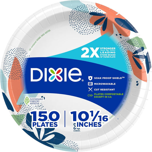 Dixie Large Paper Plates, 10 Inch, 150 Count, 2X Stronger*, Microwave-Safe, Soak-Proof, Cut Resistant, Disposable Plates For Everyday Breakfast, Lunch, & Dinner Meals