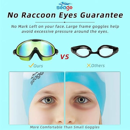 Seago Swim Goggles 2 Pack Anti-Fog Anti-UV Wide View Swimming Goggles for Kids 3-14