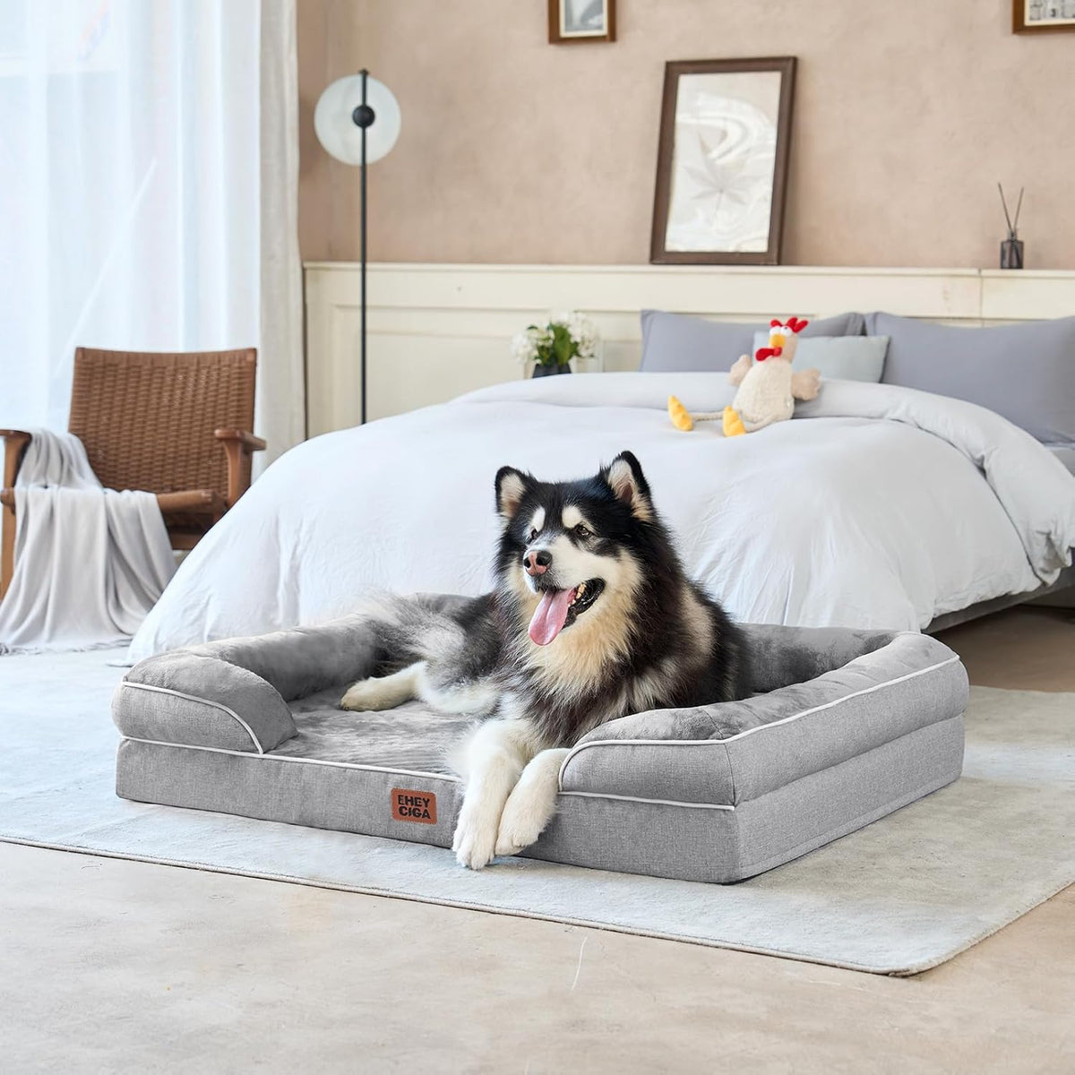 EHEYCIGA Orthopedic Dog Beds for Extra Large Dogs 44x32Inch, Waterproof Memory Foam XL Pet Bed with Sides, Non-Slip and Egg-Crate Foam Big Dog Couch Bed with Washable Removable Cover, Grey