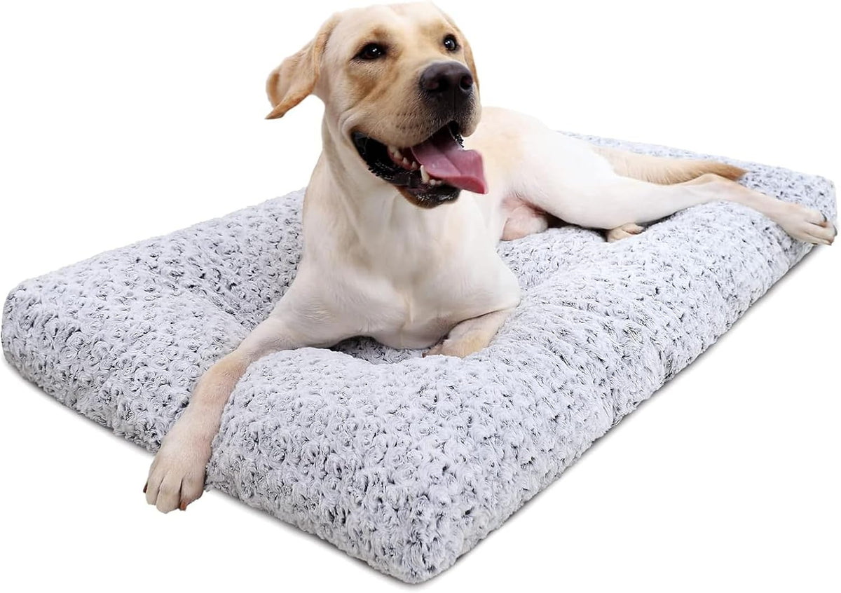 KSIIA Washable Dog Bed Deluxe Plush Dog Crate Beds Comfy Kennel Pad Anti-Slip Pet Sleeping Mat for Large, Jumbo, Medium, Small Dogs Breeds, 35" x 23", Gray