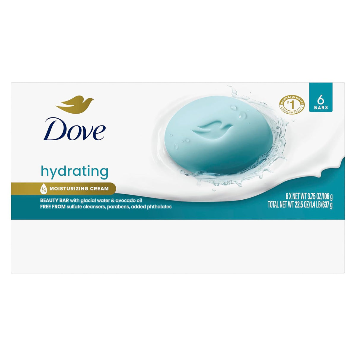 Dove Beauty Bar 6 Pack Hydrating with Glacial water & Avocado oil Cleanses & Hydrates 3.75 Oz