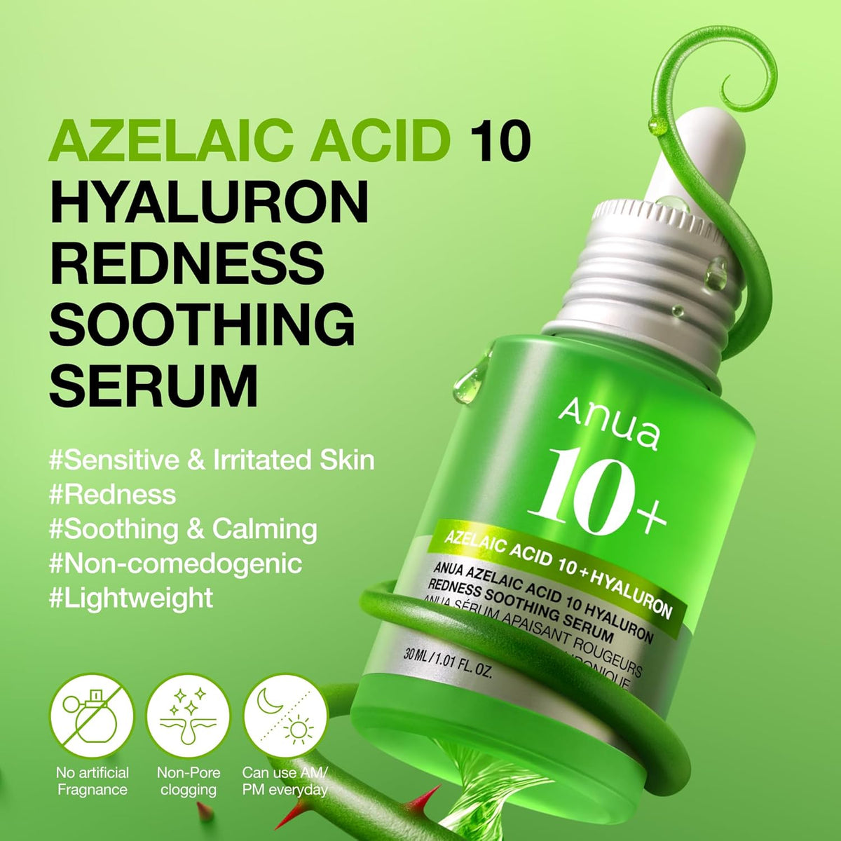 Anua Azelaic Acid 10 Hyaluron Redness Soothing Serum, Facial Serum for Blemish-Prone & Oily-Prone Skin, Lightweight & Hydrating Blemish Care, Hyaluronic Acid, Korean Skincare, 1.01 fl oz.