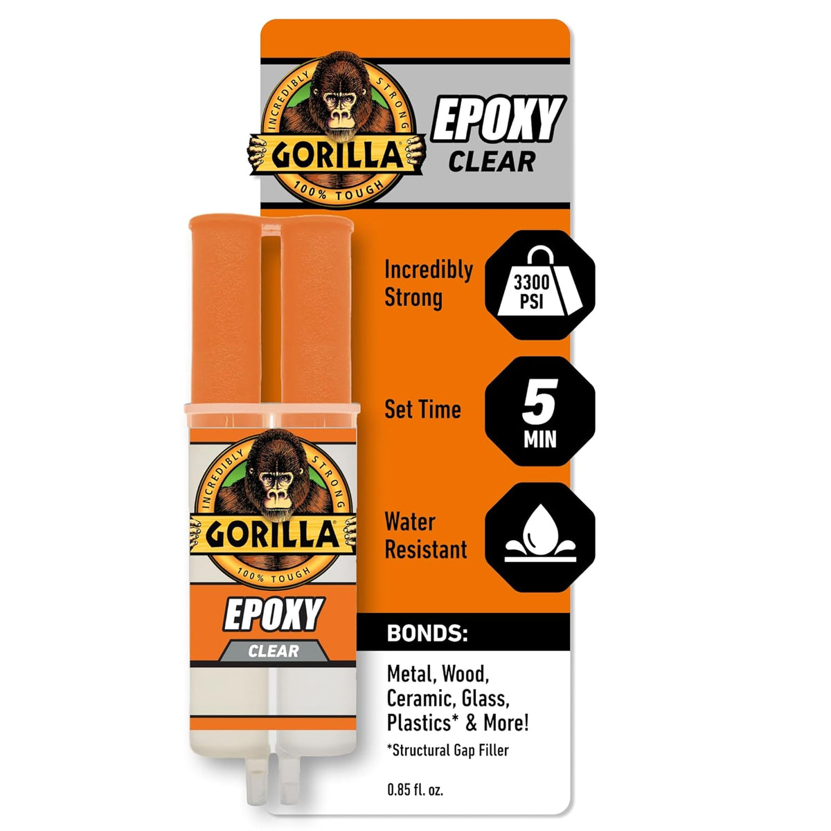 Gorilla 2 Part Epoxy, Clear Epoxy, 0.85 Ounce Syringe (Pack of 1) - 5 Minute Set, Incredibly Strong Bonding