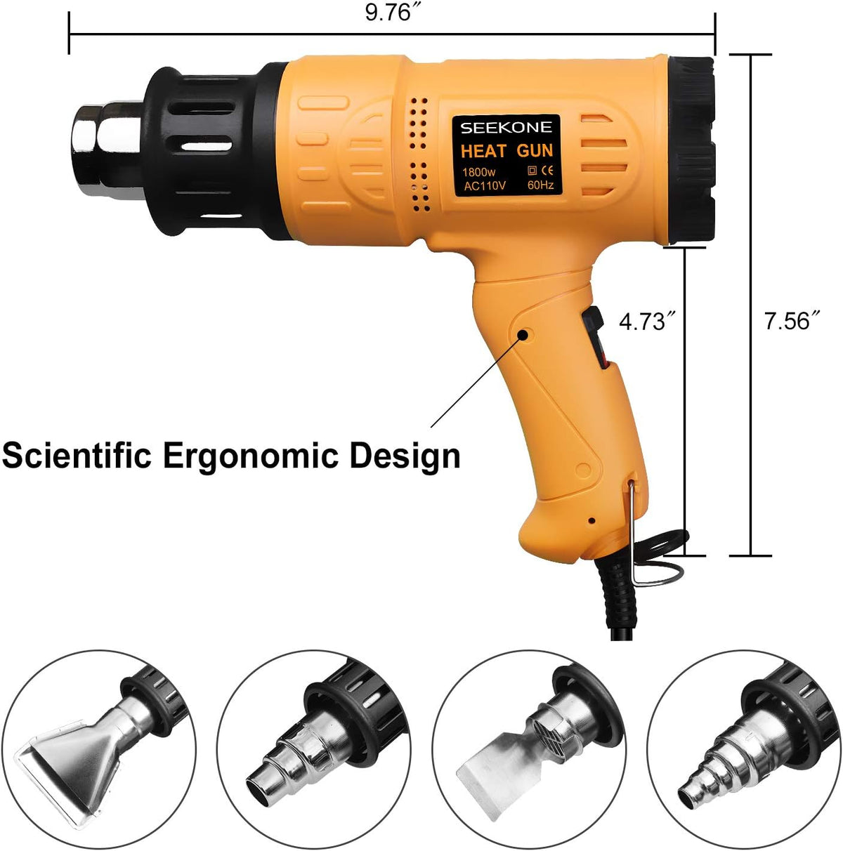 SEEKONE Heat Gun 1800W 122℉-1202℉（50℃- 650℃）Fast Heating Heavy Duty Hot Air Gun Kit Variable Temperature Control Overheat Protection with 4 Nozzles for Crafts, Shrinking PVC, Stripping Paint(5.2FT)