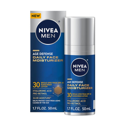 NIVEA MEN Age Defense Daily Face Moisturizer with Broad Spectrum SPF 30 Sunscreen, Pro-Retinol and Hyaluronic Acid, Beard-Friendly Face Lotion Helps Defend Against UVA/UVB Rays, 1.7 Fl Oz Bottle
