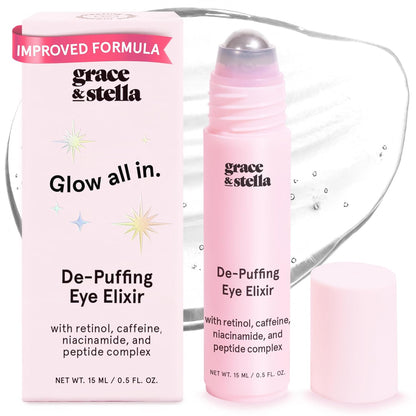 grace & stella Under Eye Brightener Roller - Airplane Travel Essentials - Travel Size Toiletries - Retinol & Caffeine Eye Serum for Puffiness, Dark Circles, Wrinkles - Vegan Skincare (15ml / 0.51floz)