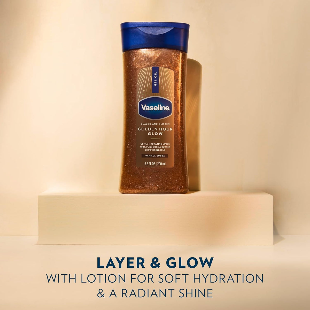 Vaseline Glazed and Glisten Golden Hour Body Gel Oil Glow Vanilla Cocoa Shimmering with Ultra-Hydrating Lipids and 100% Pure Cocoa Butter, 6.8 Oz