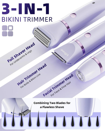 Ufree Bikini Trimmer Electric Razors for Women, Rechargeable Pubic Body Hair Trimmer Electric Shaver for Legs Body Hair, Bikini Shaver IPX7 Waterproof, Gifts for Women, Purple