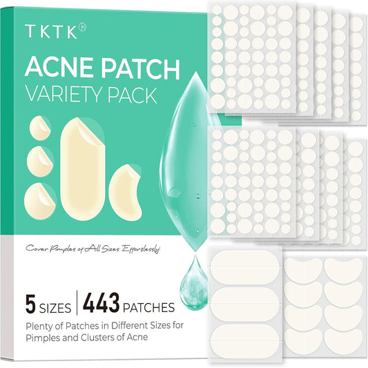 TKTK 443 Count Pimple Patches for Face, Hydrocolloid Acne Patch Bulk, Acne Stickers for Covering Cheeks, Forehead, Chin Blemishes Zit Breakouts for All Skin Types (Dots, Strip, Contoured 5 Sizes)