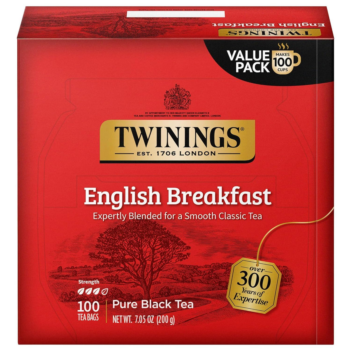 Twinings English Breakfast Black Tea Individually Wrapped Bags, 100 Count (Pack of 1), Smooth, Flavourful, and Robust, Caffeinated, Enjoy Hot or Iced, 100 Teabags