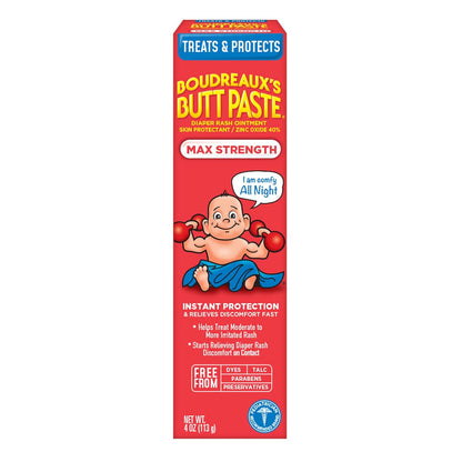 Boudreaux’s Butt Paste Max Strength Diaper Rash Cream for Baby, Ointment With Zinc Oxide, 4 oz Tube