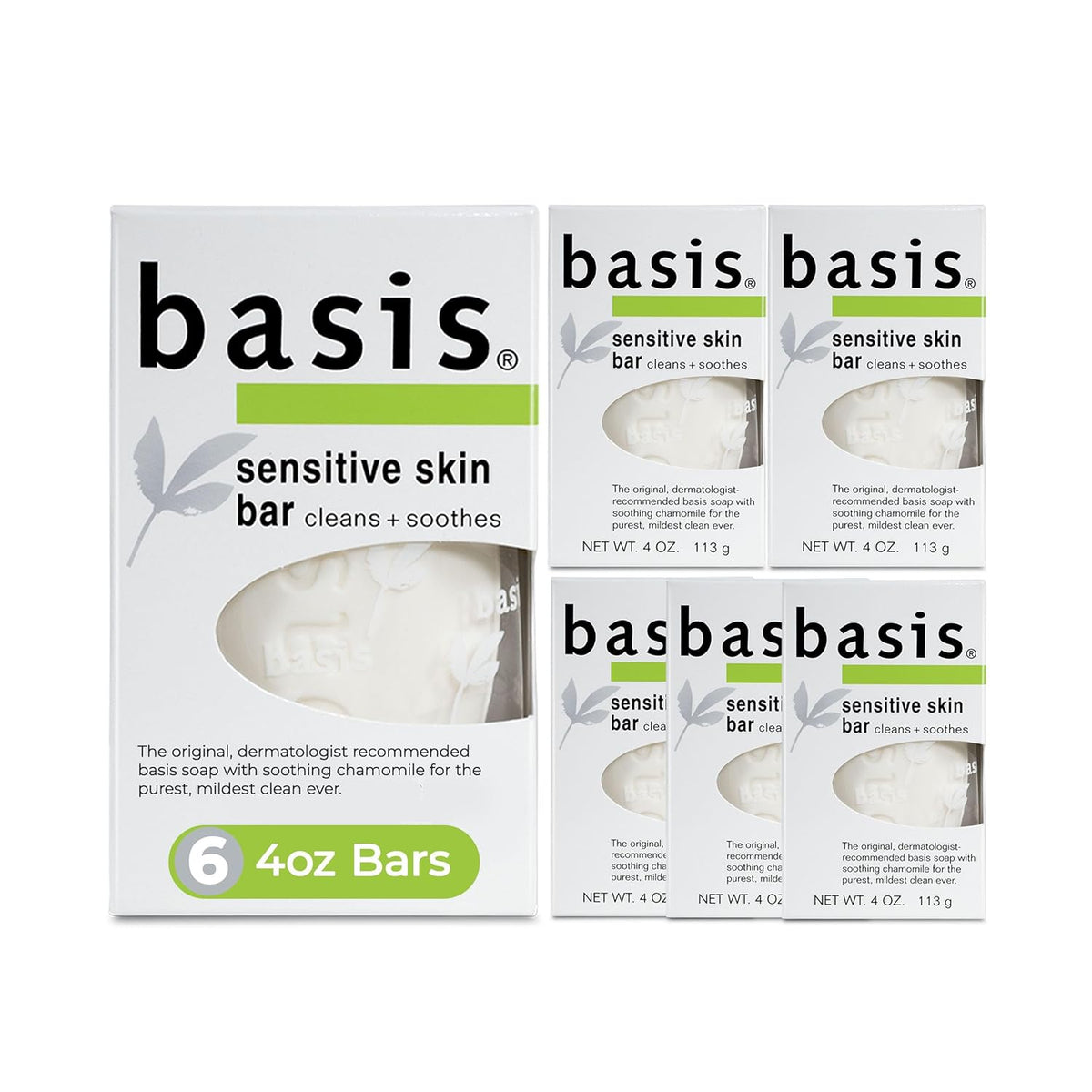 Basis Sensitive Skin Bar Soap for Body, Hands and Face, Unscented Soap Bar for Sensitive Skin with Chamomile and Aloe Vera, Bar Soap Bulk Pack, 4 Oz Bar, Pack of 6