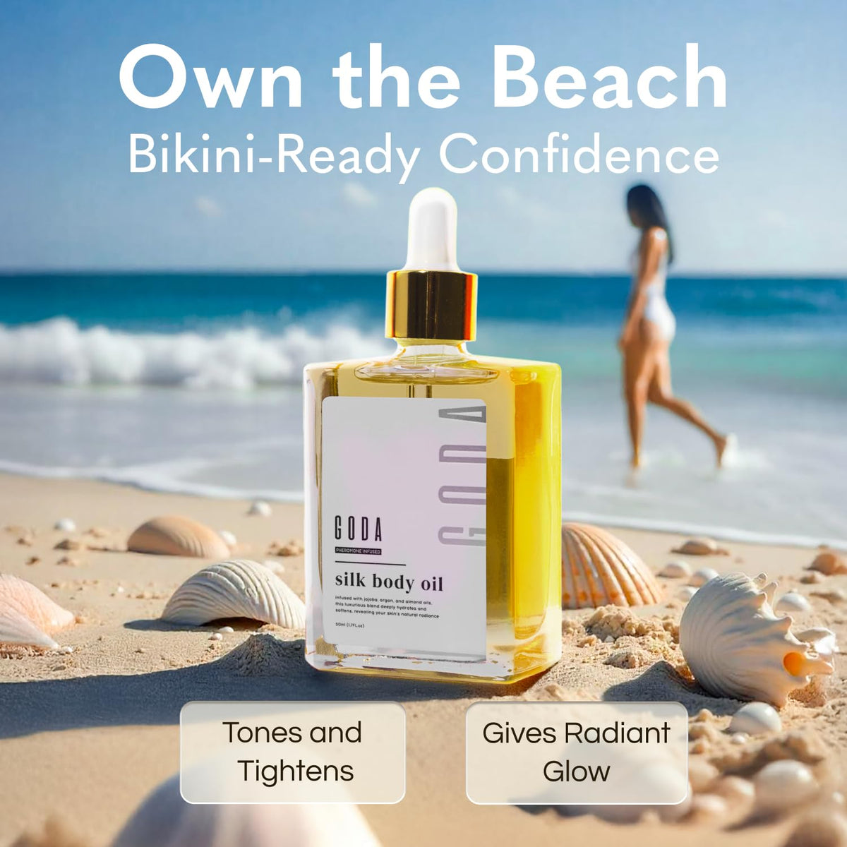 GODA Silk Body Oil Women - Firming Anti Aging Moisturizing Formula, Crepey Skin Hydrating After Shower, Scented Organic Blend Premium Skincare