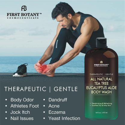 First Botany, ALL Natural Body Wash - Fights Body Odor, Athlete's Foot, Jock Itch, Nail Issues, Dandruff, Acne, Eczema, Shower Gel for Women & Men, Skin Cleanser -16 fl oz (Tea Tree Eucalyptus)