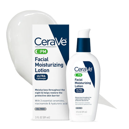 CeraVe PM Facial Moisturizing Lotion, Night Cream with Hyaluronic Acid and Niacinamide, Ultra-Lightweight, Oil-Free Moisturizer for Face, 3 Ounce