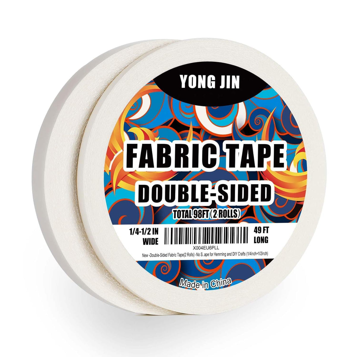 YONGJIN Double-Sided Fabric Tape (2 Rolls) - No Sewing or Ironing Required, Perfect for Quick Clothing Repairs, Fabric Bonding, Adhesive Cloth Tape for Hemming and DIY Crafts (1/4inch+1/2inch)