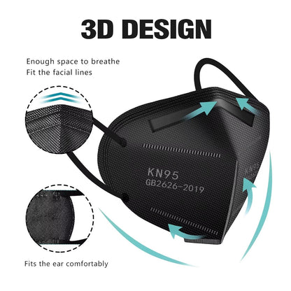 LEMENT 50pcs KN95 Face Mask Black 5 Layer Cup Dust Safety Masks Filter Efficiency≥95% Breathable Elastic Ear Loops Black Masks