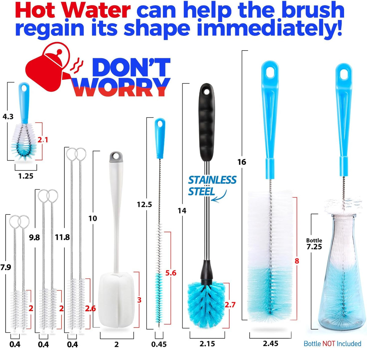 Holikme Bottle Brush Tube Cleaning Lab Set with Long Handle, Cup Cleaner for Washing Narrow Neck Beer Wine Decanter Pipes Lids Sinks Cap Covers, White