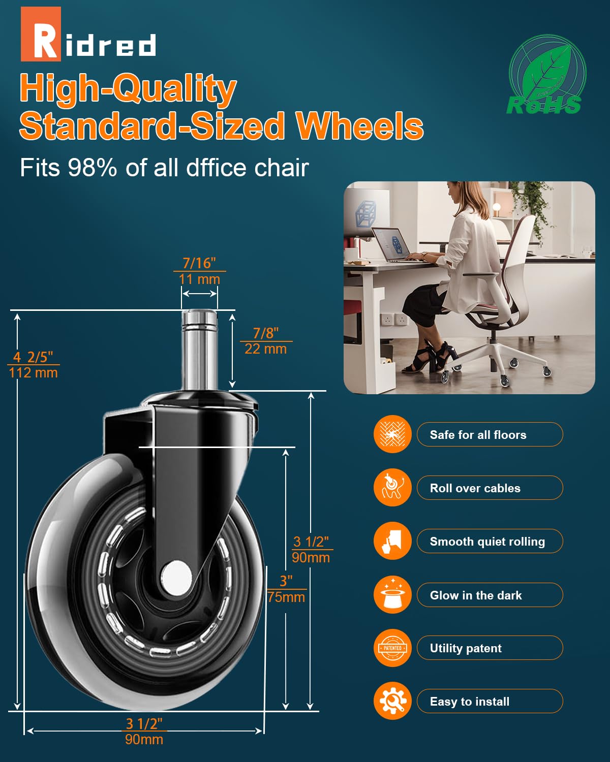 RidRed Office Chair Wheels - Replacement Rubber Wheels - Universal Fit 3 Inch Casters, Heavy-Duty Chair Casters, Noise Free, Fits 98% Chair, for All Floor (5)