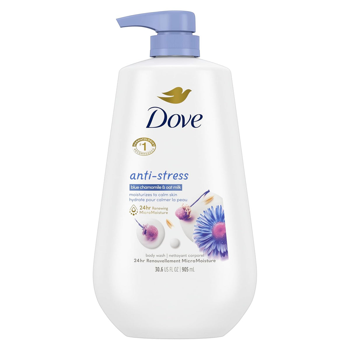 Dove Body Wash with Pump Anti-Stress Blue Chamomile & Oat Milk, for 24hr Lotion-Soft Skin Moisturizing Skin Cleanser with No Sulfates No Parabens 30.6 oz
