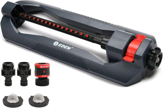 Eden 96213 Essential Turbo Oscillating Water Sprinkler, Covers Up to 3,600 sq. ft., 16 Nozzles, Weighted Base, Adjustable Range, Quick Connect Bundle, Dark Grey, Red, Silver