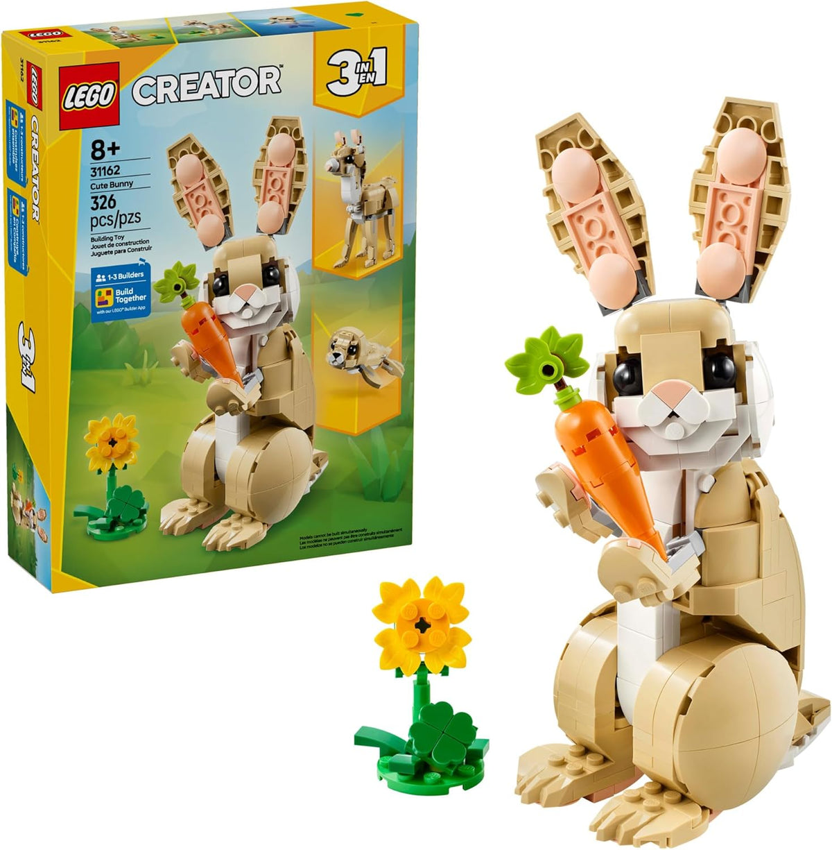 LEGO Creator 3 in 1 Cute Bunny Toy - Building Toy Set with 3 Build Options, Bunny, Seal, or Llama - Animal Figures for Kids, Girls and Boys, Ages 8+ - Gift Idea for Birthdays - 31162